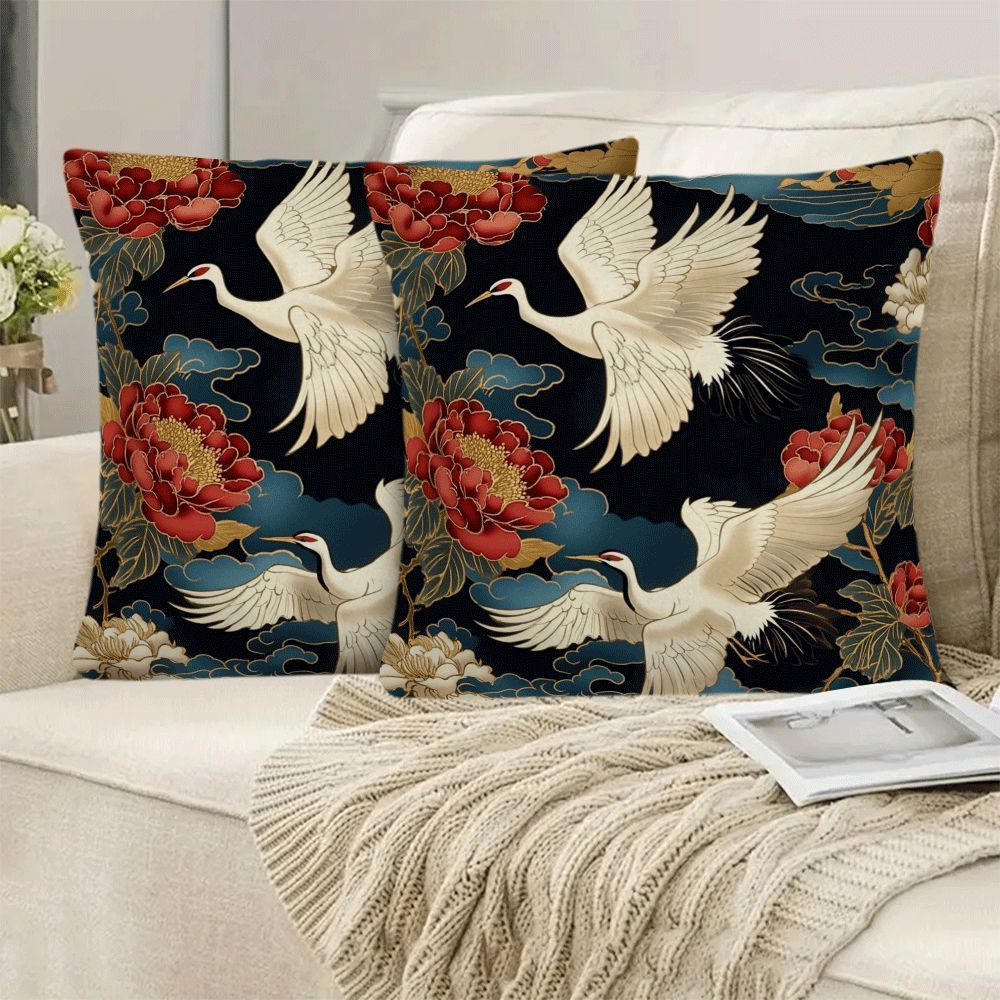 Elevate your home décor with this 2-pack of modern floral and cranes design short plush pillow covers, measuring 45.72x45.72 cm each. These zippered cushion cases are made from machine washable flannel fabric, perfect for all seasons. Add a touch of