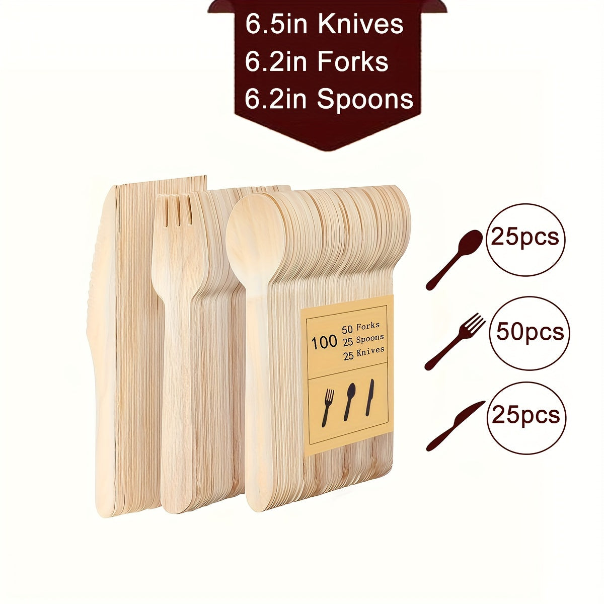 Bamboo Wooden Disposable Cutlery Set (100 pieces - 50 Forks, 25 Spoons, 25 Knives) Perfect for Wedding Parties, Outdoor Camping, and Food Service Events