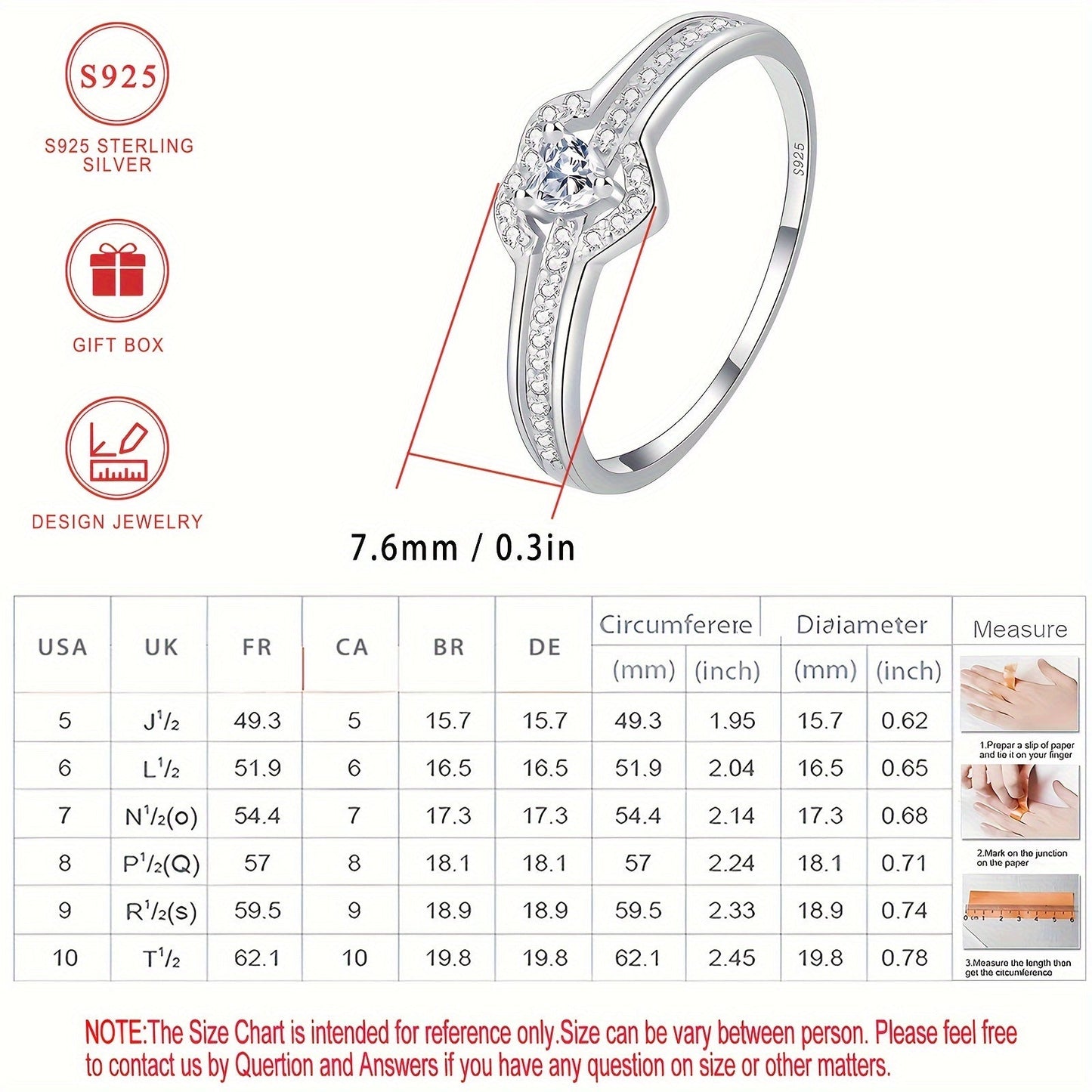 Stylish Heart-Shaped Ring made of S925 Sterling Silver with Sparkling Synthetic Zirconia, Perfect for Everyday Wear or Gifting, December Birthstone, Ideal for Valentine's Day, Women's Fashion Statement, Great Holiday Present, Comes in a Beautiful Picture