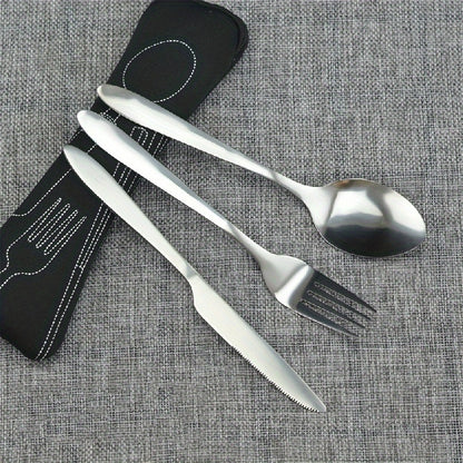 Premium stainless steel cutlery set includes knife, fork, spoon in chic case- perfect for camping and travel.