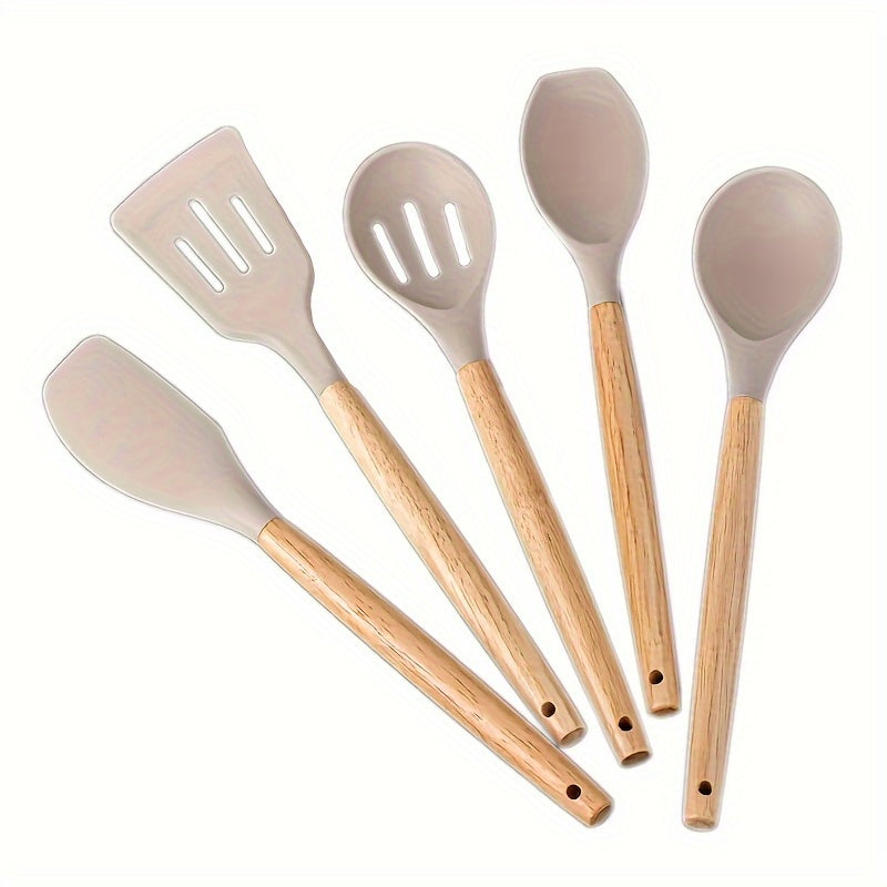 Set of 5 Kitchen Utensils with Non-Stick Coating and Wooden Handles - Ideal for Frying, Grilling, Egg dishes, and Soups