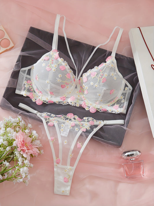 Floral embroidered chest straps cami bra and thongs lingerie set for women.