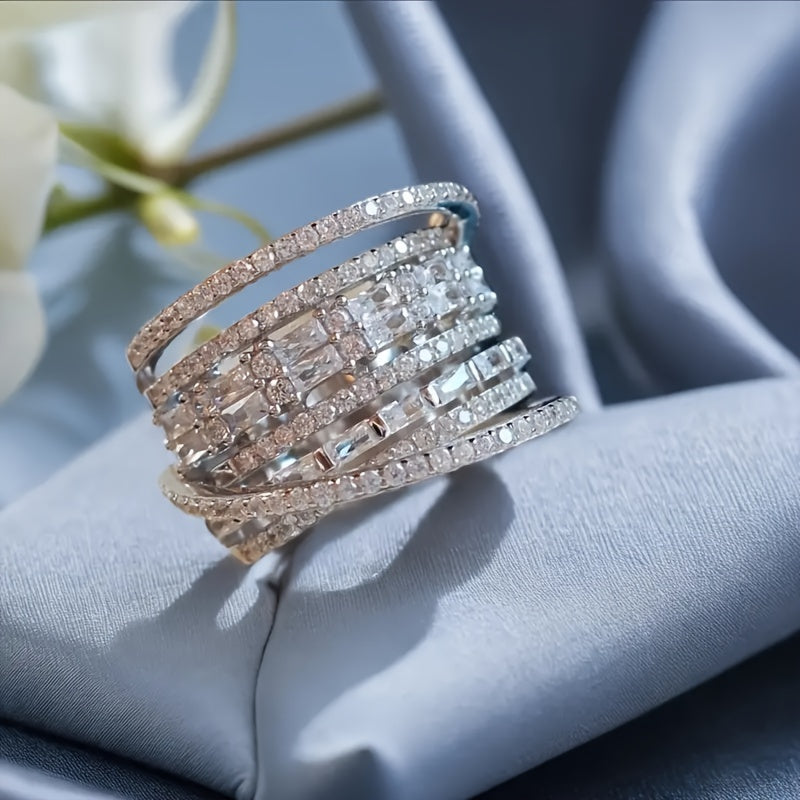 Exquisite Multi-Layer Copper Ring adorned with Synthetic Diamonds - Ideal for Weddings, Parties, and Special Occasions