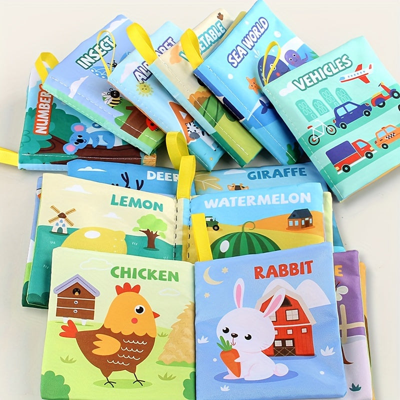 Set of 9 Baby Cloth Books with Early Education Puzzle for Learning Objects, Tear-proof and Washable Palm Book (4 sheets, 8 pages each)