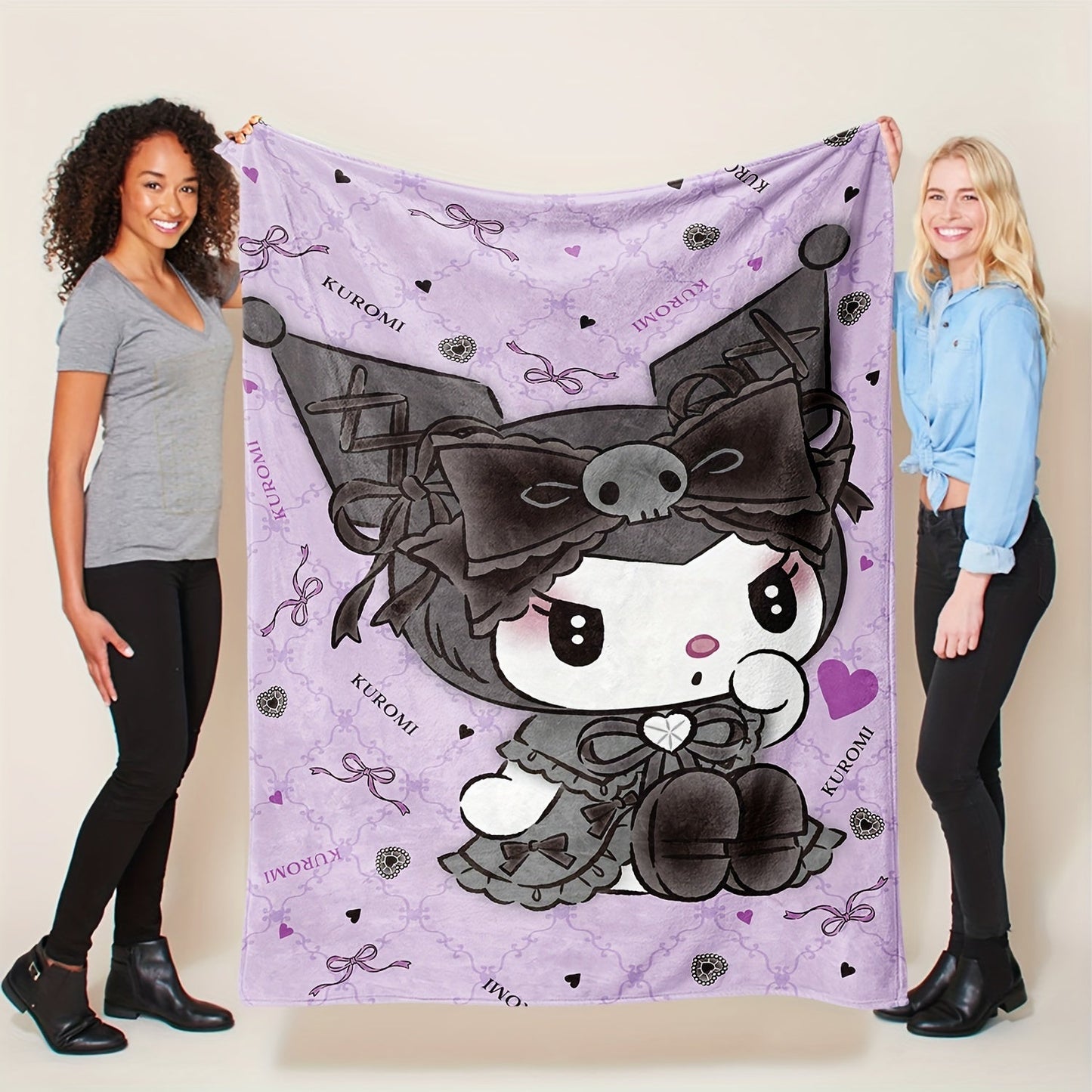 Get cozy with the Sanrio Kuromi Flannel Fleece Blanket featuring a vibrant digital print cartoon pattern. This all-season multipurpose throw is perfect for the living room, bedroom, camping, or travel. Made of 100% polyester, this blanket weighs