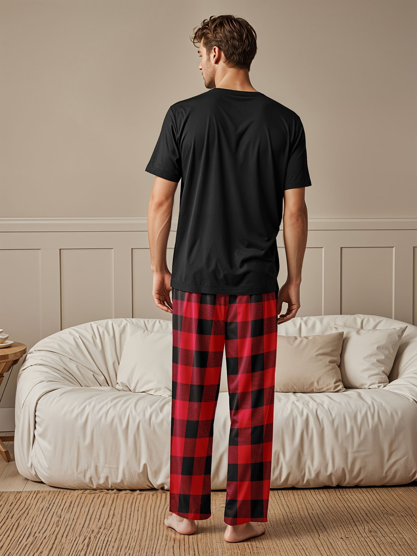 Men's and Women's couple's pajama set with "I Love My Girlfriend" printed t-shirt and red checkered pants, made of polyester knit fabric with crew neck, regular fit, medium stretch, 97%