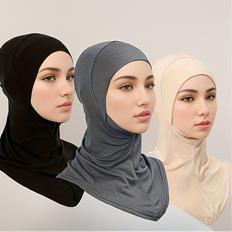 3 Elastic Modal Instant Hijab Caps for Women - Soft, Stretchy, Solid Color Head Wraps with Snap Closure - Ideal for Ramadan & Casual Attire - Breathable Polyester, No Feathers