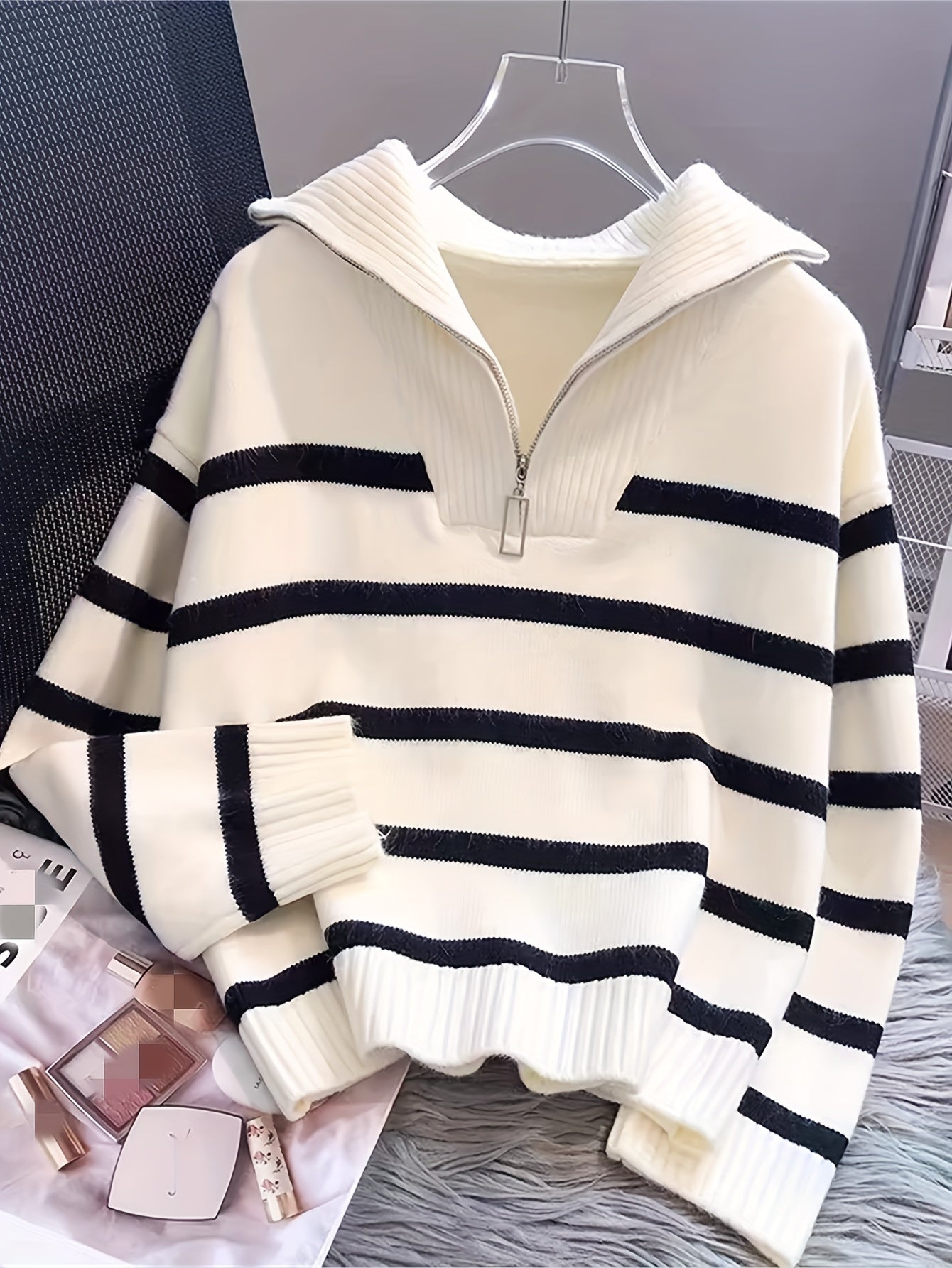 Elegant Striped Zip-Up Knit Sweater, Cozy Acrylic & Polyester Blend, Ideal for Fall/Winter