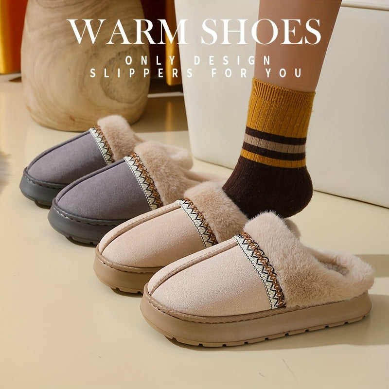 Women's cozy slippers with plush lining, non-slip EVA sole, soft fabric, casual style, hand wash only, solid color, all-season wear, no print.