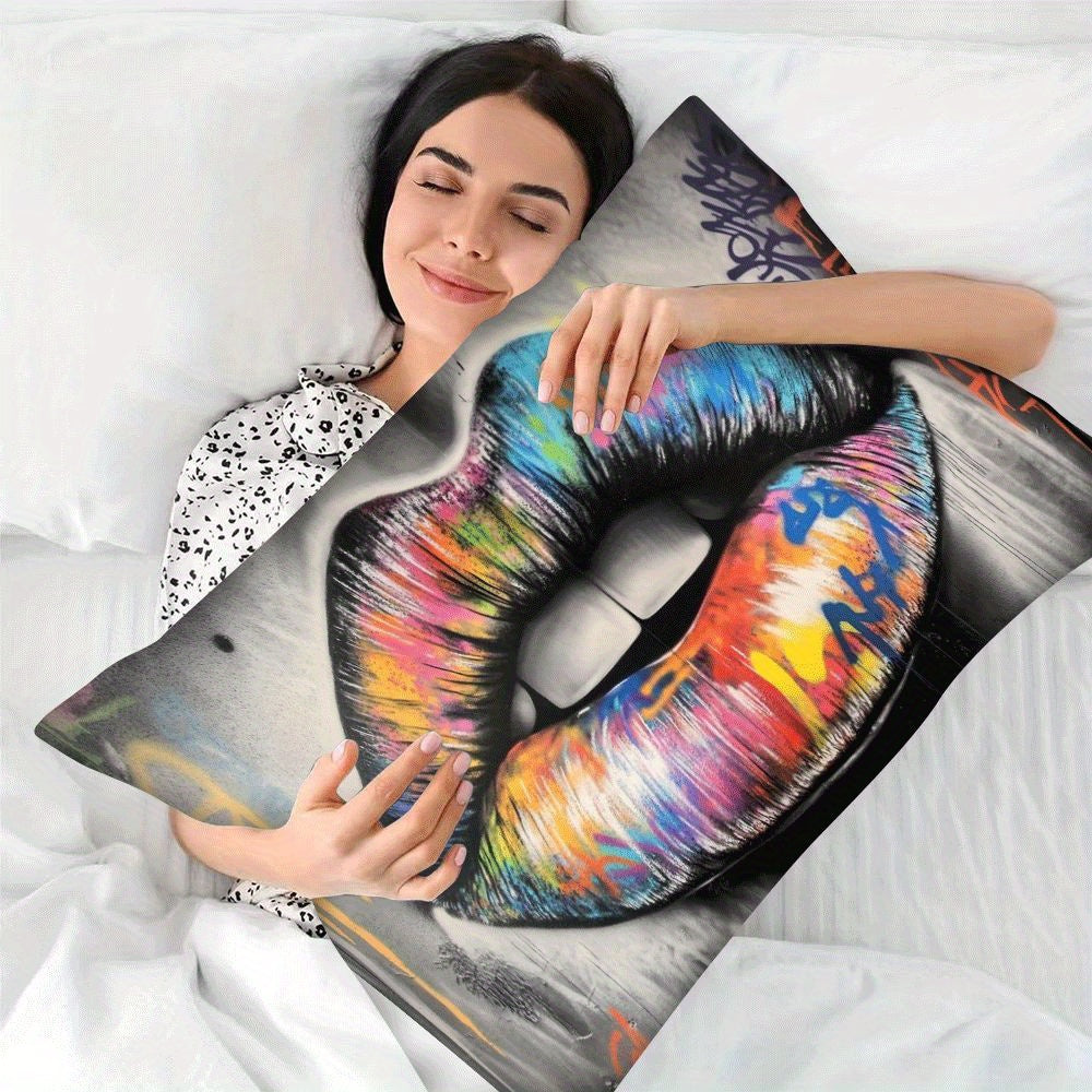 Abstract Graffiti Lips Pillow Cover, 1 piece, measures 50.8X30.48 cm. This Casual Style Polyester Decorative Throw Pillowcase features a convenient Zipper Closure and is Machine Washable, making it suitable for all seasons. Designed for Back Sleepers