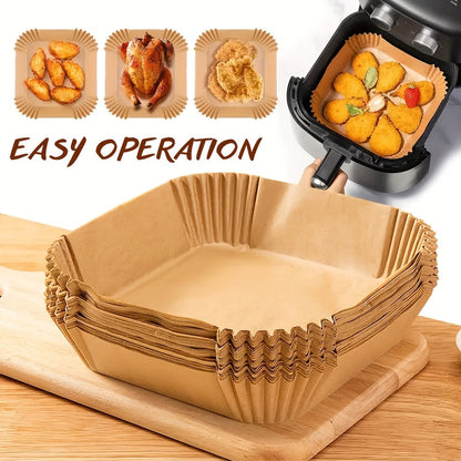 50 large rectangular silicone air fryer liners, designed for easy cleaning and space-saving storage. These non-stick, oven safe liners are ideal for home chefs looking to simplify their baking and cooking experience.