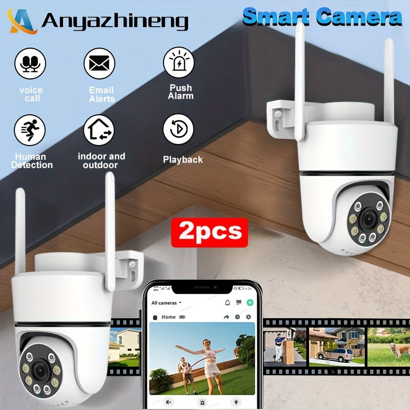 Two pieces of ANYAZHINENG Outdoor Wireless Security Camera System with 1080p HD WiFi Surveillance Cameras for wall hanging. Features include Two-Way Audio, Night Vision, Remote Mobile App Control. Not waterproof, suitable for home, pet, and monitoring