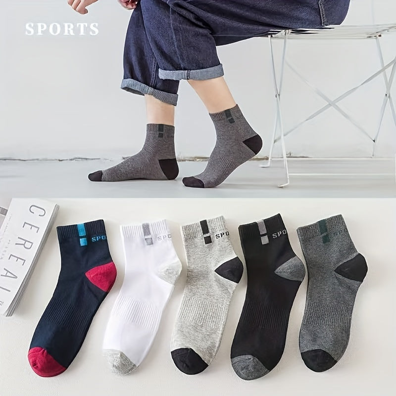 Men's athletic socks with stylish lettering, high elasticity, and moisture-wicking polyester blend. Suitable for running and outdoor sports in black, gray, white, blue, and navy options.