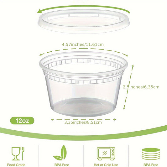 Set of 24 12-ounce plastic food storage containers in assorted colors, each with a lid. Safe for use in the microwave, freezer, and dishwasher, perfect for storing soup, meal prep, and takeout. Includes individual compartments for easy organization of