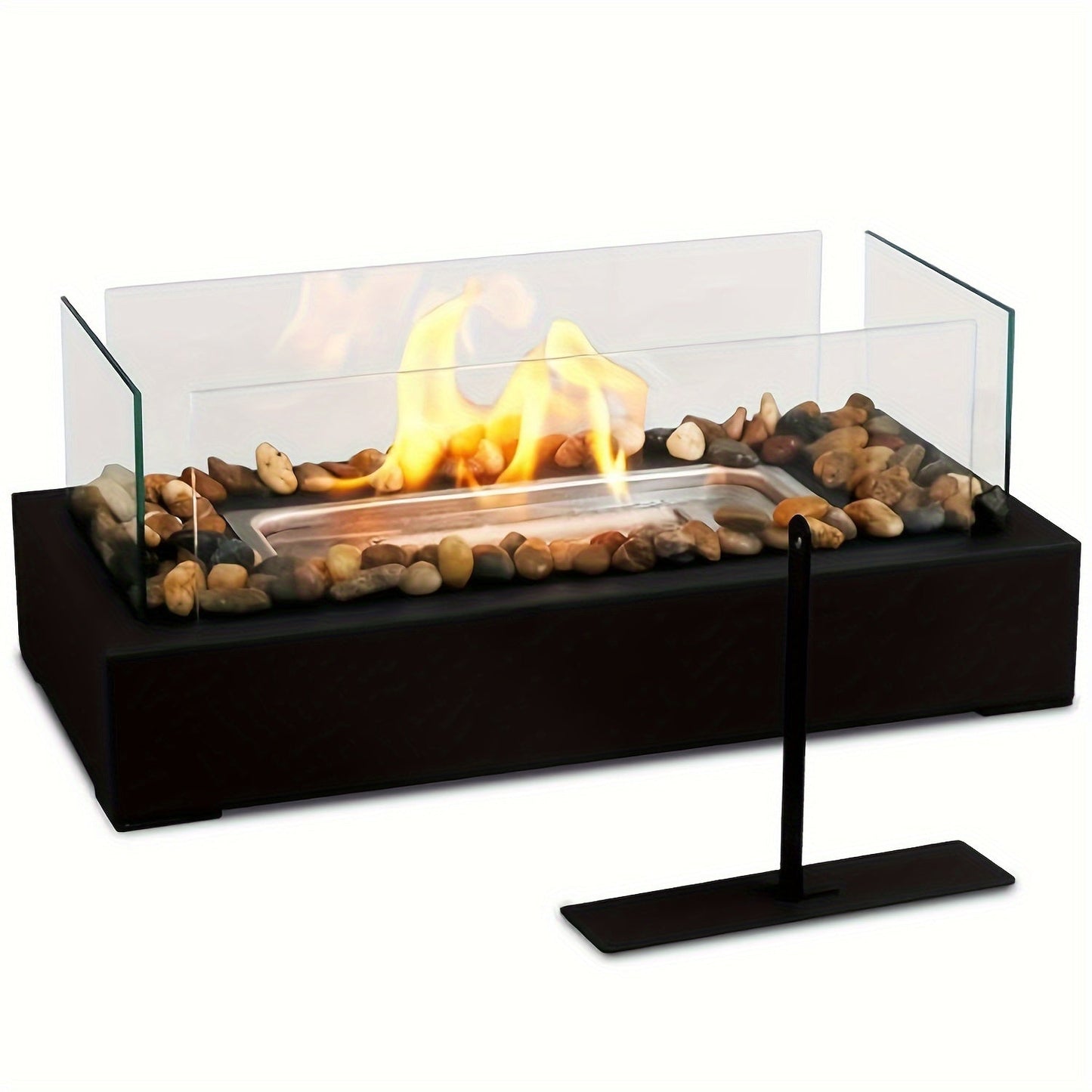 Anirun Modern Style Alcohol Fireplace features a 4-Piece High-Strength Glass Refractor for indoor/outdoor use. It is windproof, easy to assemble, and heat resistant with a scratch-resistant tabletop design. No power is required, making it perfect for