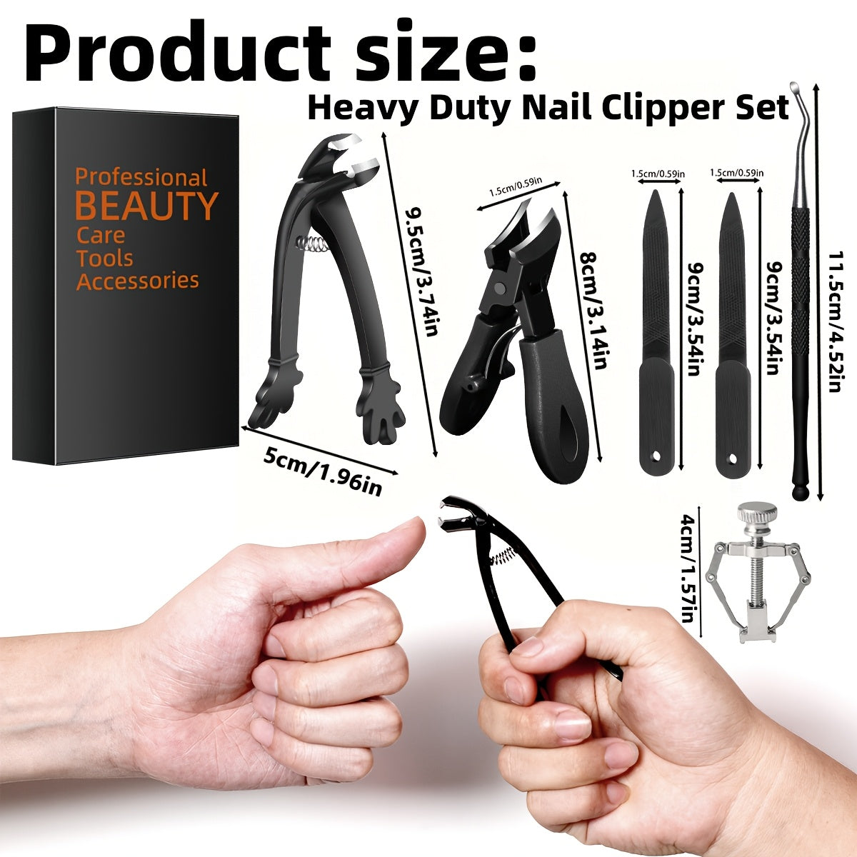 Six heavy-duty toenail clippers designed for seniors with thick toenails, ingrown toenails, and fingernails. Features include slanted curved blades, wide jaw, long handle, curved blade, and