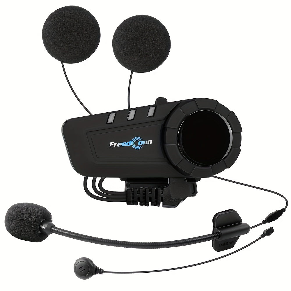 Freedconn KY Pro Motorcycle Intercom Helmet Headset for 6 riders with noise control, voice command, and walkie-talkie compatibility. Comes with USB charging cable.