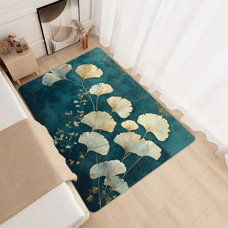 This retro-style Ginkgo Leaf pattern floor mat is 8mm thick and made from soft, high-quality material. It is suitable for use in the kitchen, living room, or bedroom. This durable mat is machine washable and can be used as an entrance door mat or