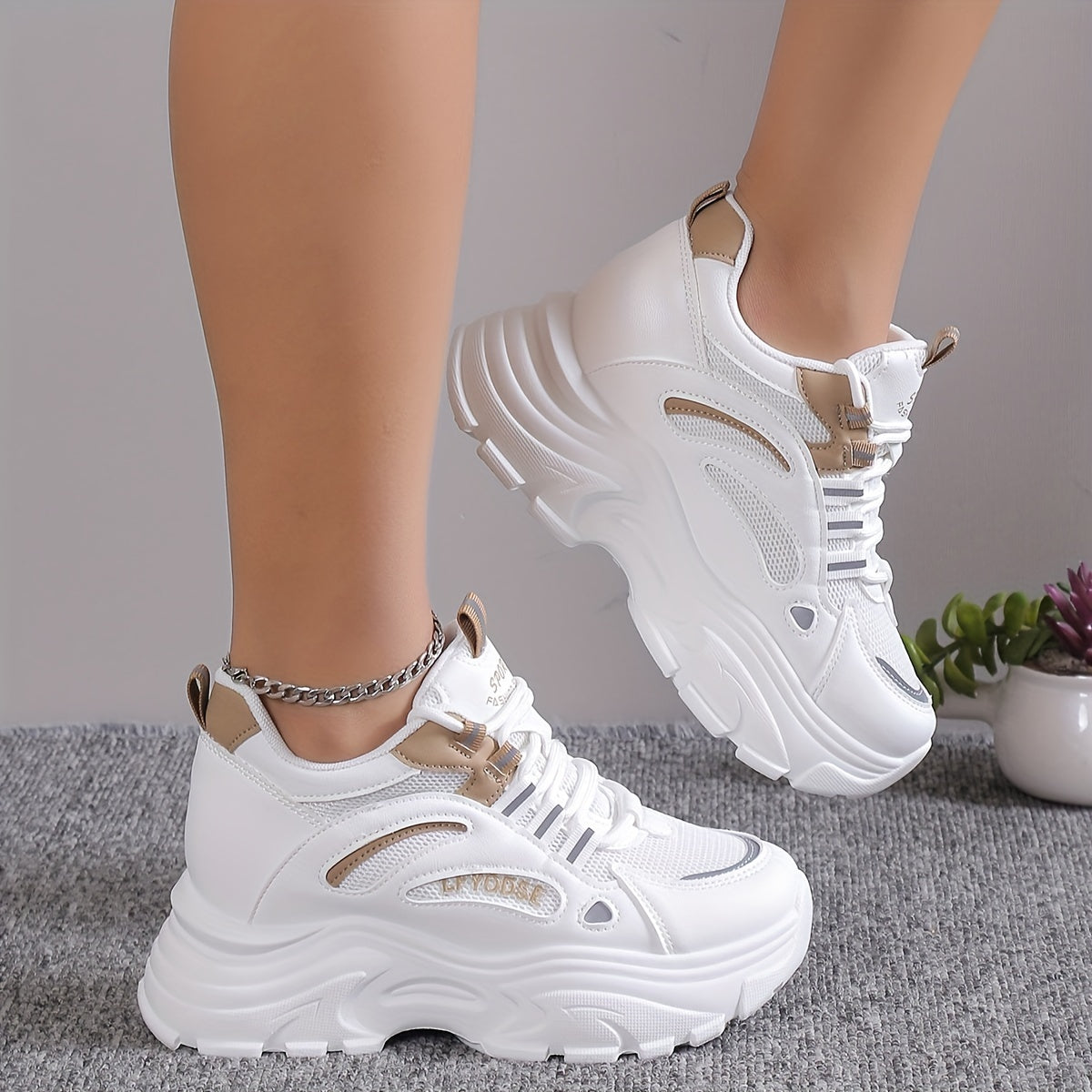 Women's solid color mesh sneakers with lace-up low-top design, round toe, heightening thick sole, and versatile comfort.