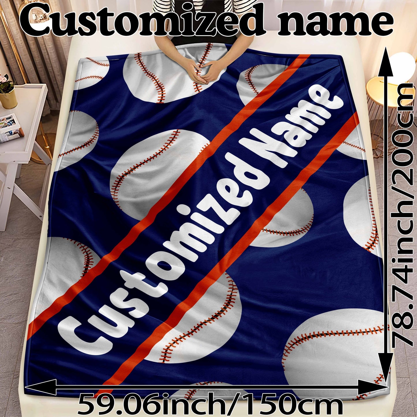 Fleece Baseball Blanket with Custom Name, Personalized Sports Throw, Reversible Design, Lightweight All-Season Sofa Camping Travel Blanket, Contemporary Style, Machine Washable, Superfine Fiber Cover, Knitted Fabric, 3D Baseball Print, 250-300g Square