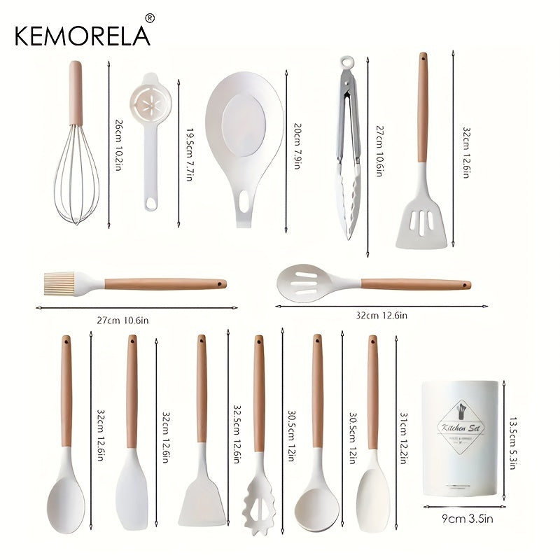 KEMORELA 14-Piece Silicone Kitchen Utensil Set with Wooden Handles and Storage Bucket - Non-Stick, Food-Safe Cooking Tools Ideal for Apartments and Dorms, by KEMORELA