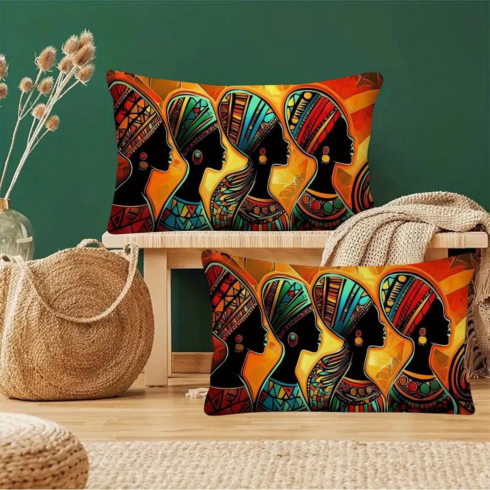 Two pieces of vintage African tribes abstract flannel cushion covers, measuring 50.8x30.48 cm. These covers are designed to be friendly for multi-position sleepers and are machine washable with a zipper closure. Ideal for use on the sofa, bed, or while