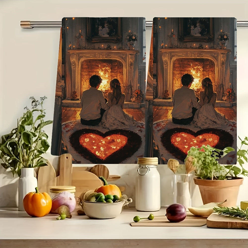 This set includes 2 ultra-soft kitchen towels featuring an anime couple sitting on a heart-shaped rug by a fireplace. These highly absorbent dish towels are ideal for holiday decoration, can be easily machine washed, and measure 40.64x60.96 cm.