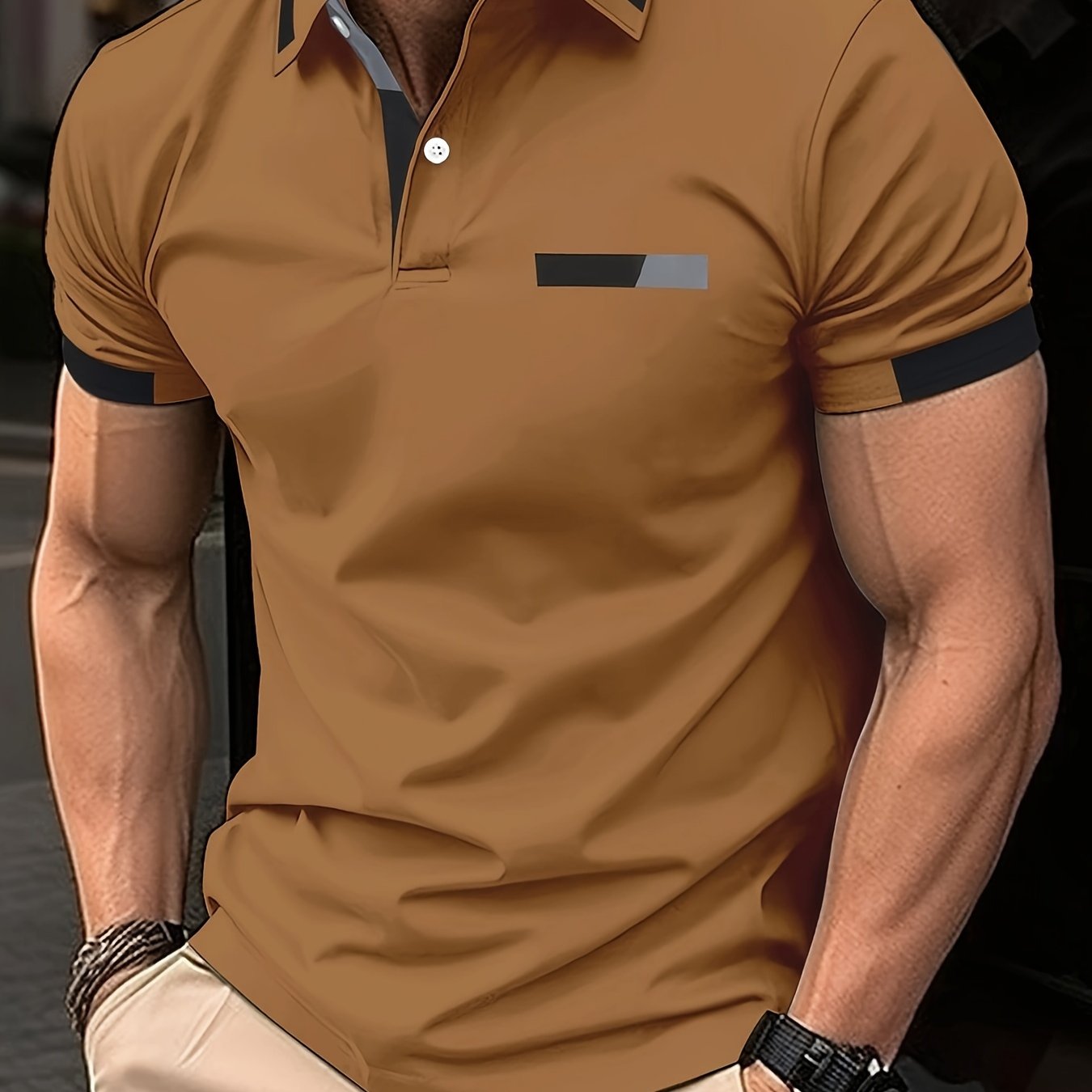 Men's short sleeve shirt with chest print, buttoned turnover collar, and thin summer style.