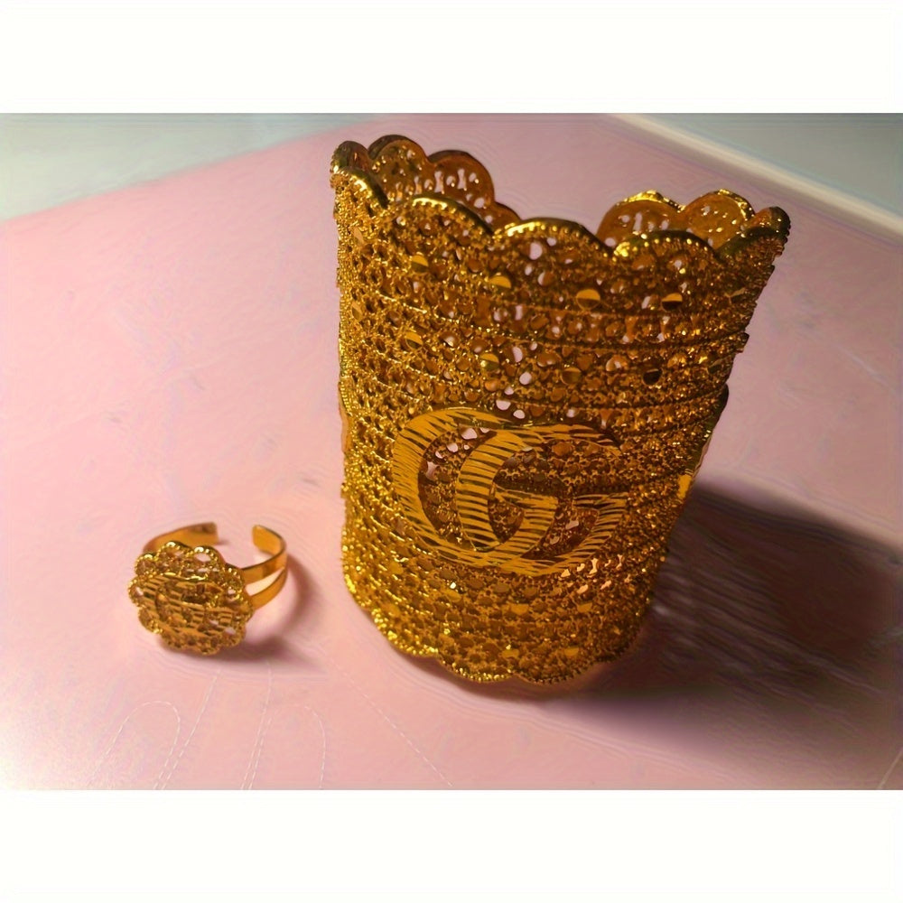 Set of 2 Elegant Copper Jewelry Pieces: Adjustable Open Cuff Bracelet and Ring with Luxurious Filigree Design. Guaranteed Non-Fading. Ideal for Special Occasions like Banquets, Celebrations, or as a Thoughtful Ramadan Gift.