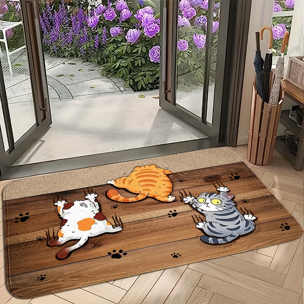 Add a fun touch to your home with this adorable Cartoon Kitten Escape Decorative Door Mat. Made of durable and stain-resistant knitted polyester, this lightweight mat is non-slip and machine washable. Perfect for the home entrance, bedroom, living room