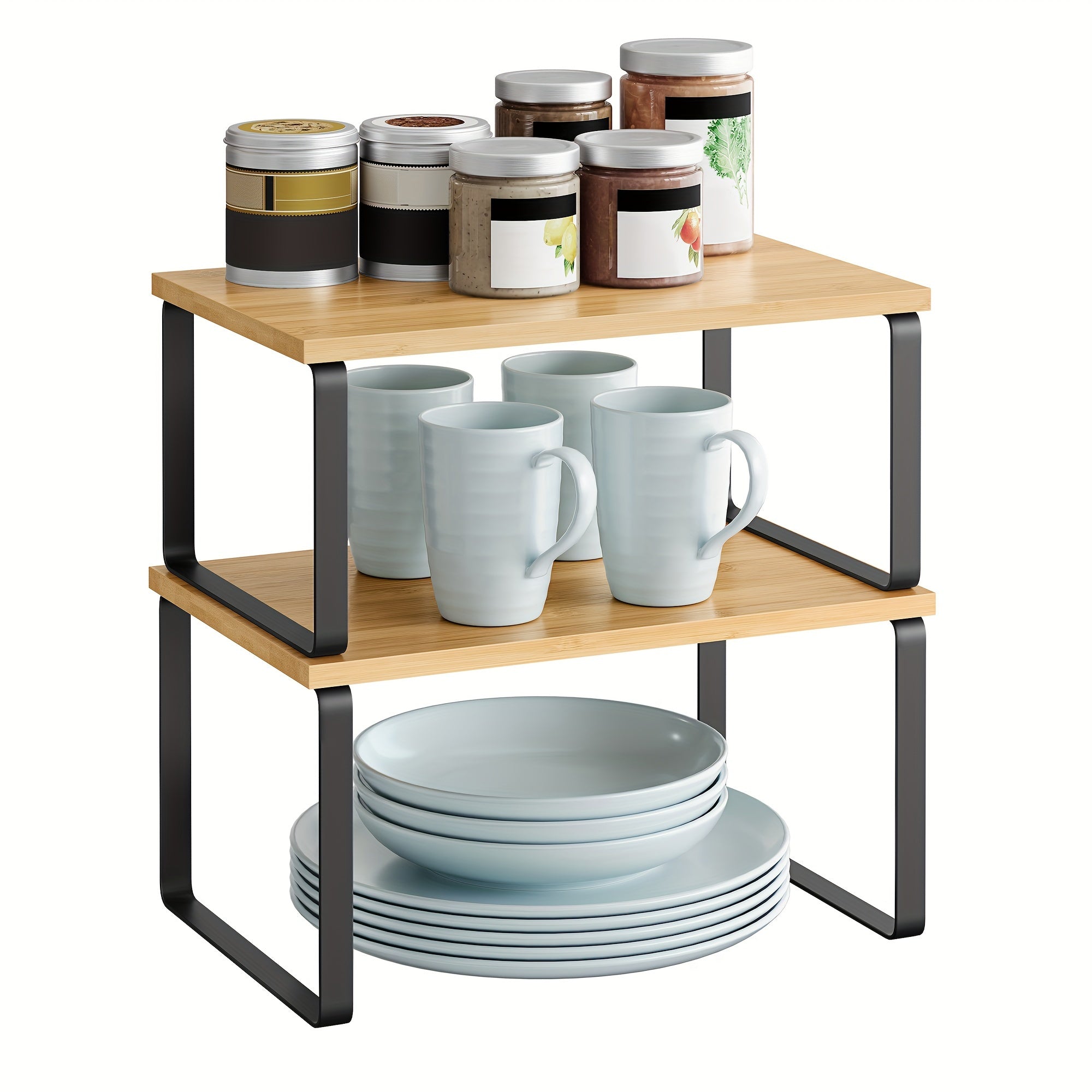 Pair of WONGIRL adjustable kitchen cabinet organizer shelves, stackable and expandable, made of metal and wood.