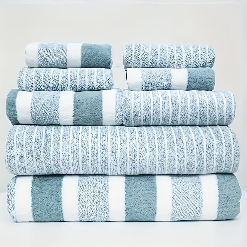 Set of 8 pieces, including Striped Soft Coral Velvet Towels for the household. This set includes 2 Bath Towels, 2 Hand Towels, and 4 Square Towels, ideal for use as face towels or guest towels.