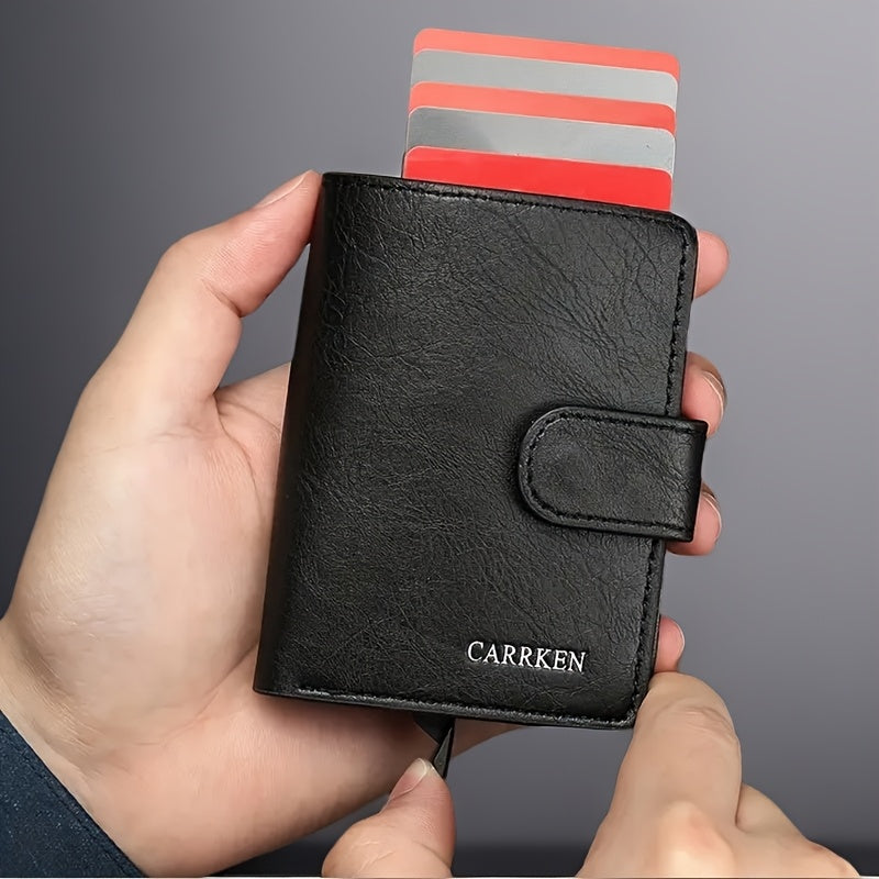 CARRKEN Men's Compact Wallet: Stylish faux leather bifold with automatic pop-up credit card holder, holds 9-10 cards, ideal gift for men.