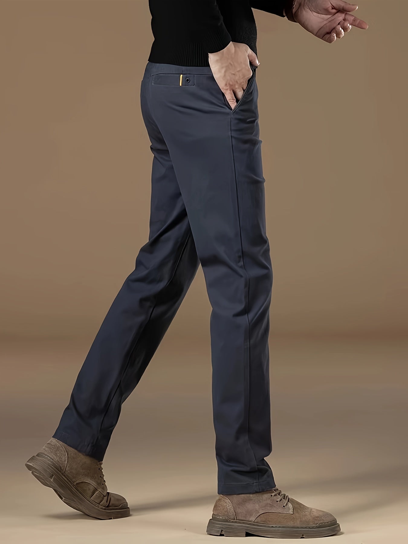 Men's business casual cotton blend pants with a regular fit, straight leg, solid color, no belt, ideal for spring/autumn. Features pocket detail, button closure, mid-waist, and woven fabric.