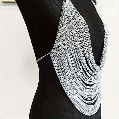 The Y2K Hanging Silvery Body Chain is perfect for music festivals and street rock fashion.