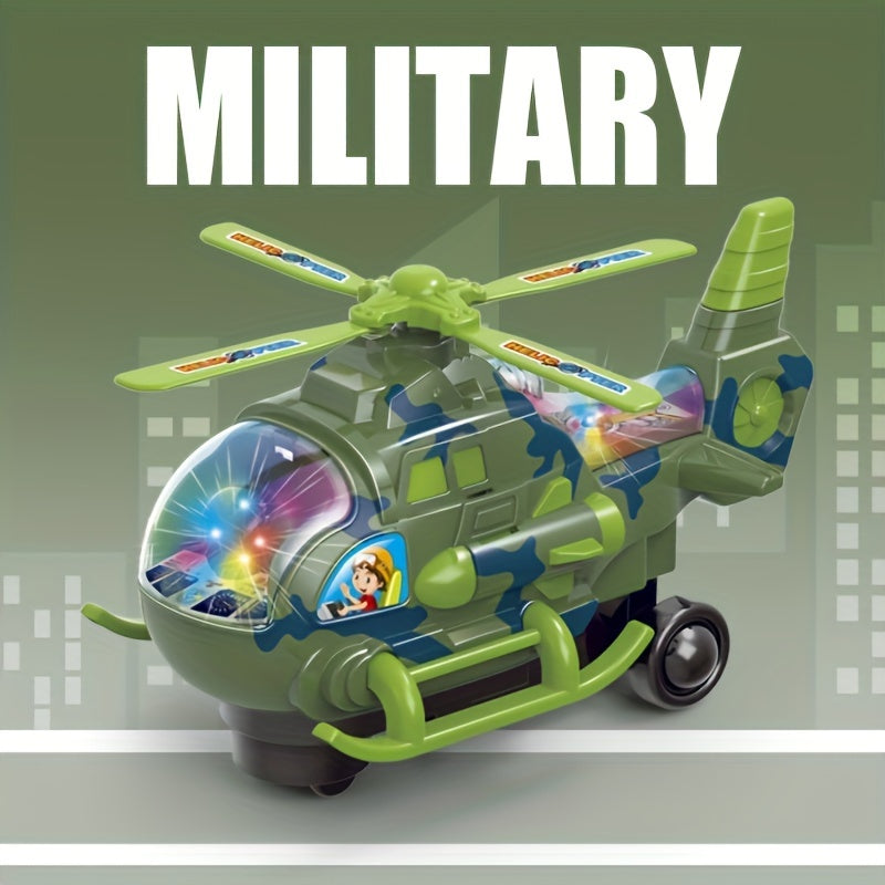 Toy electric helicopter for kids with lights and music, can rotate 360 degrees, made of sturdy plastic, perfect for boys and girls, great for holidays and playtime.