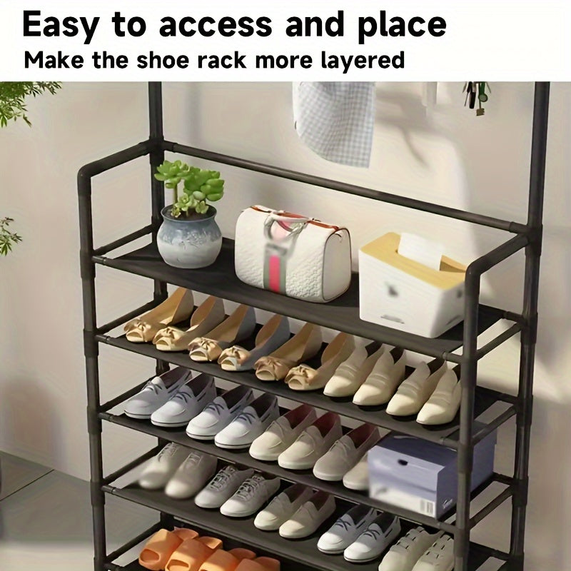 This versatile Metal Entryway Shoe Rack measures 80cm/31.49in wide and features 8 hooks for convenient storage of shoes, scarves, and hats. Perfect for entryways, living rooms, and bedrooms, this rack is easy to install and move around, requiring no wood