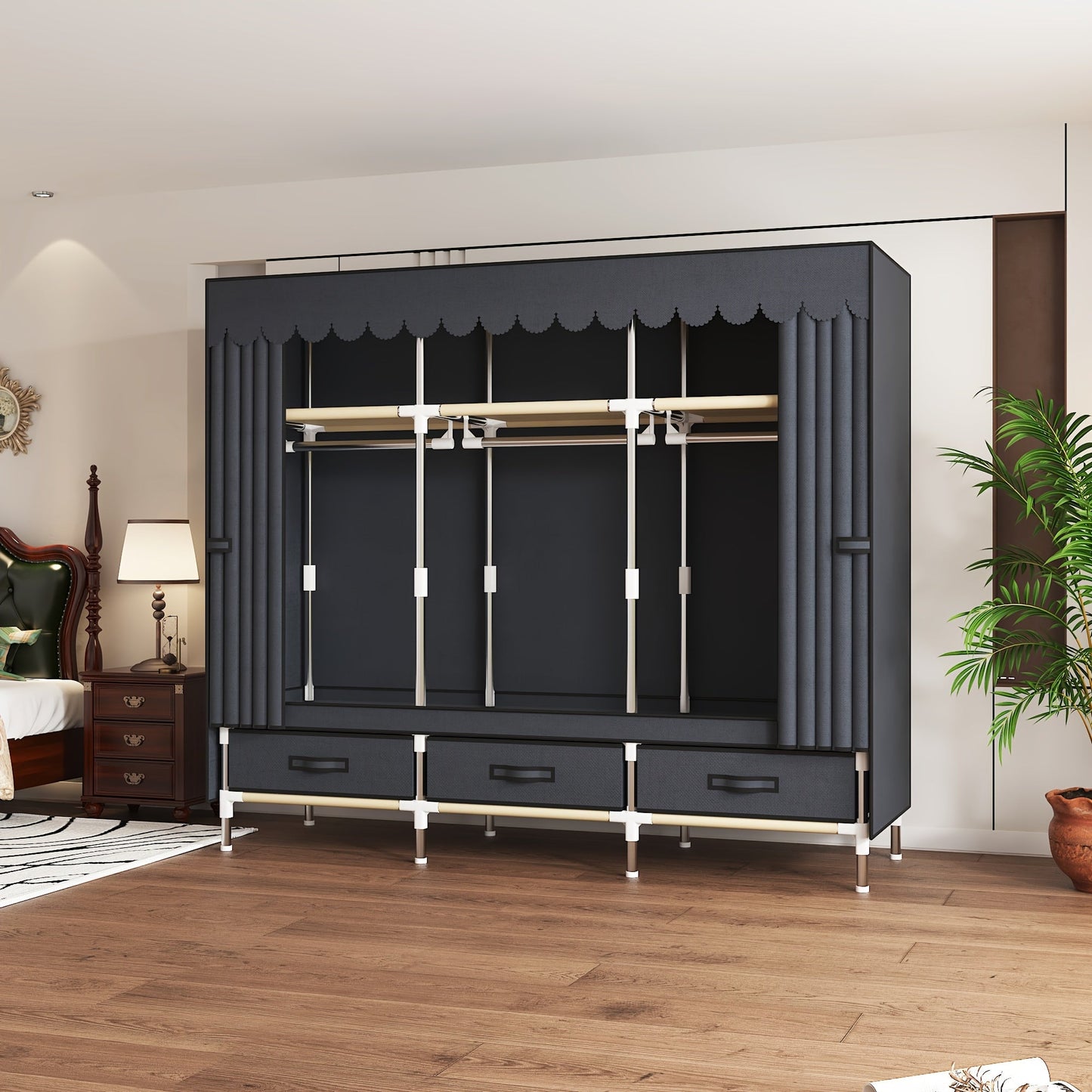 This Portable Wardrobe features 3 Hanging Rods and 6 Storage Shelves, made with a sturdy Alloy Steel Frame. It is simple to assemble and comes with a convenient Canvas Curtain Cover. Lightweight at under 13.61 KG, this Independent Clothing Organizer is