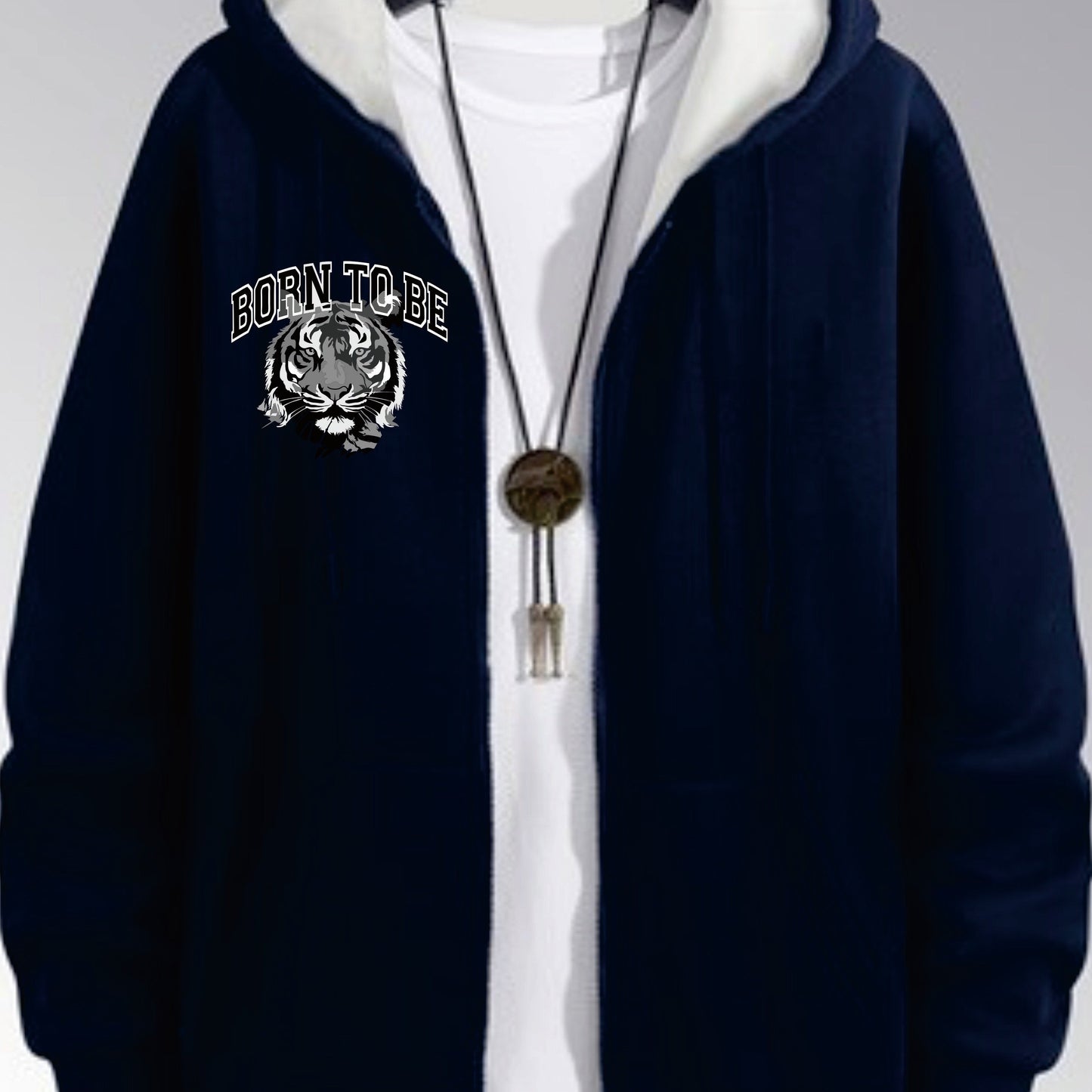 Plus size navy blue tiger head print hooded jacket with pockets, drawstring, and ribbed cuffs. Machine washable polyester.