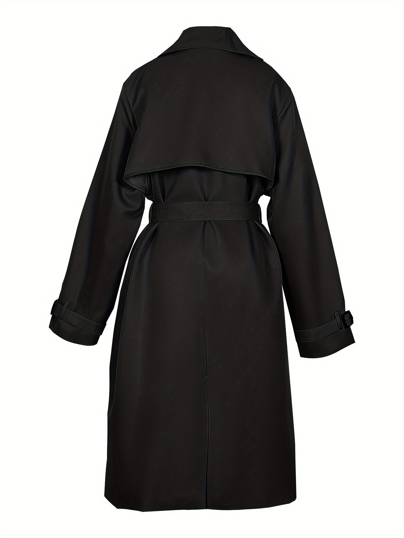 Double-breasted trench coat with lapel collar, belt, and long sleeves for fall & winter in plus sizes.