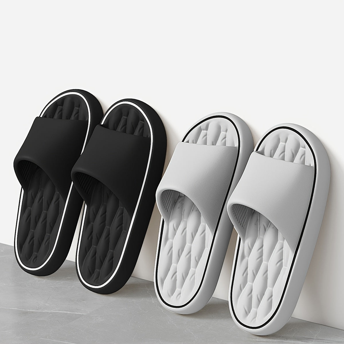 Gender-neutral EVA slippers with thick non-slip sole and round toe, suitable for indoor, hiking, and daily wear in all seasons.