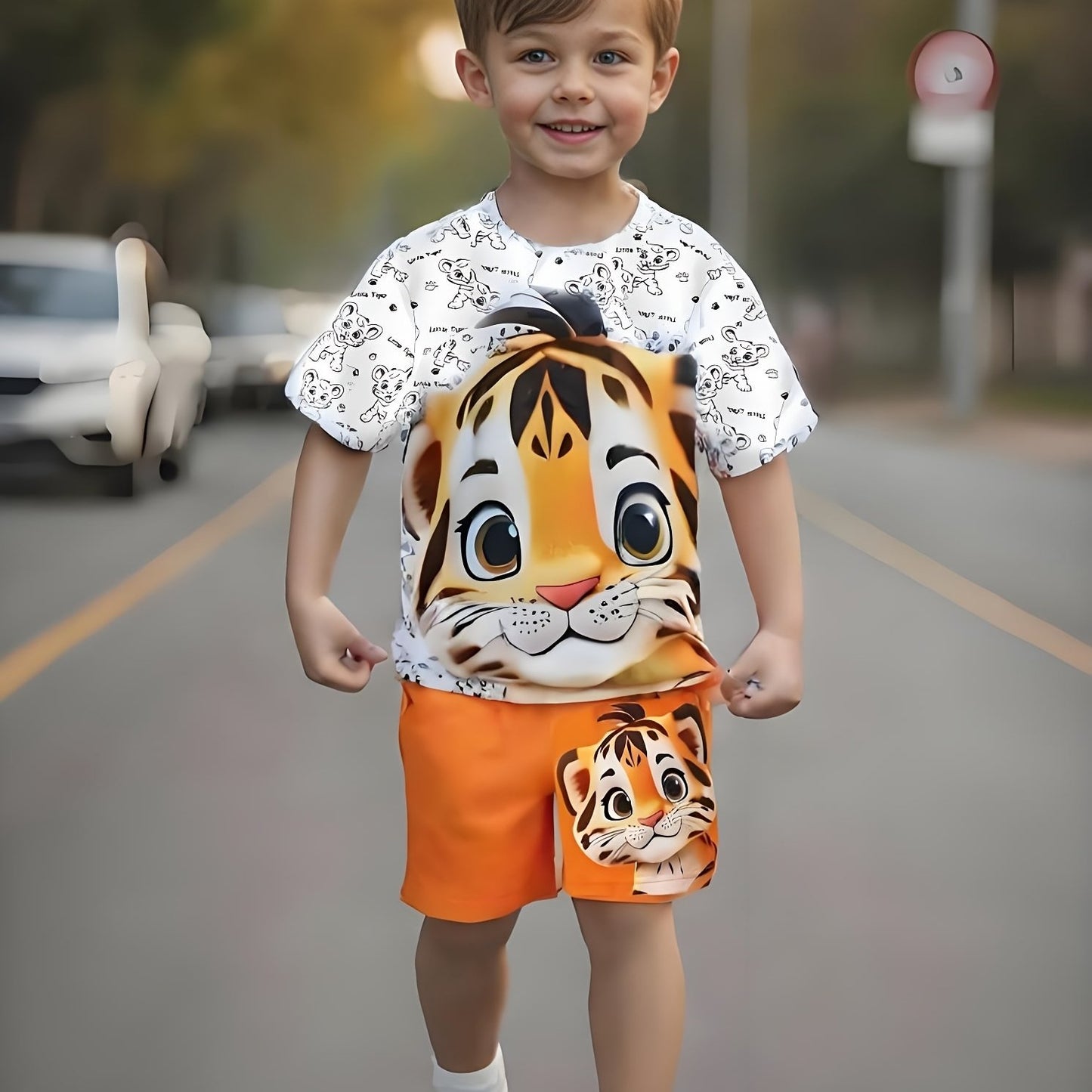 Boys' tiger print casual outfit set, made of comfy polyester blend, includes short sleeve tee and shorts for summer. Leisure style, classic version, ideal for outdoor activities.