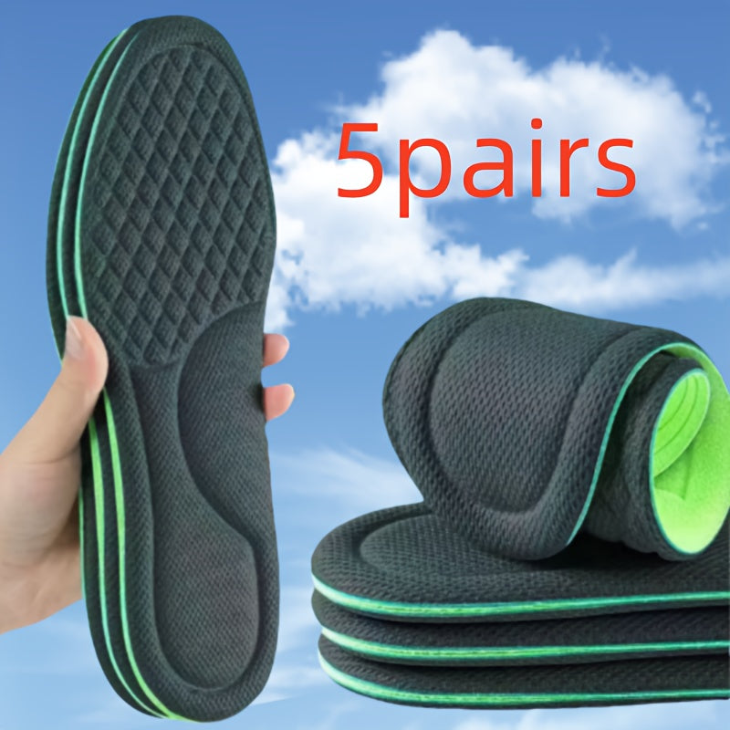 5 pairs of breathable sports insoles for men and women that are sweat-absorbing and provide soft full foot cushions for summer.