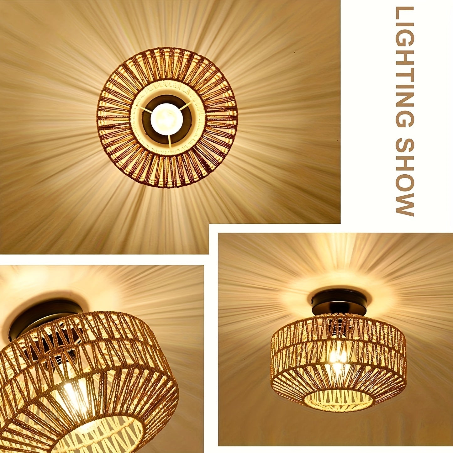 Bohemian style semi-flush mount ceiling light fixture with hand-woven rattan shade and modern metal frame. Energy-efficient, hard-wired, E26 medium bulb base. Suitable for bedroom, living room, kitchen, hallway. Light source not included.