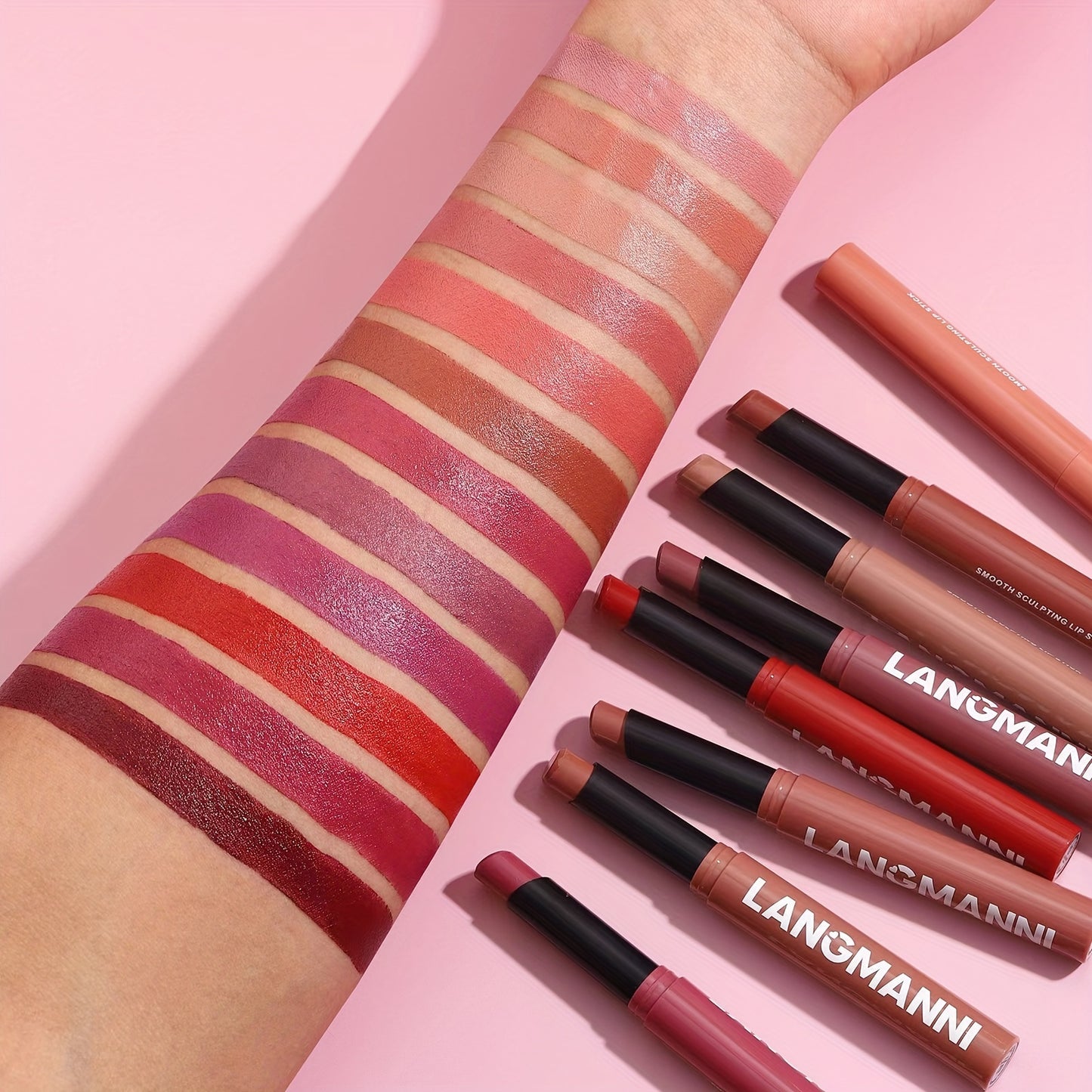 Matte lipstick in 12 shades for all skin tones in berry and mixed colors, long-lasting and vibrant.