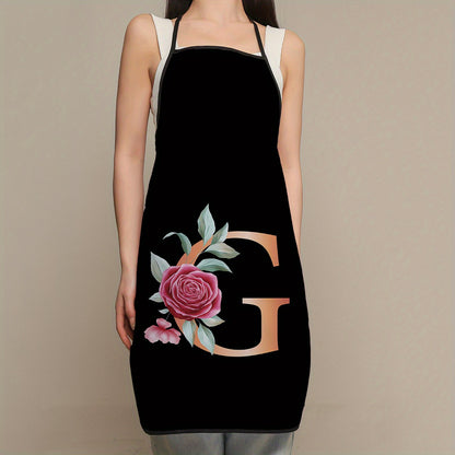 Women's flower and letter printed polyester apron - waterproof, thickened, and cute for household and kitchen use.