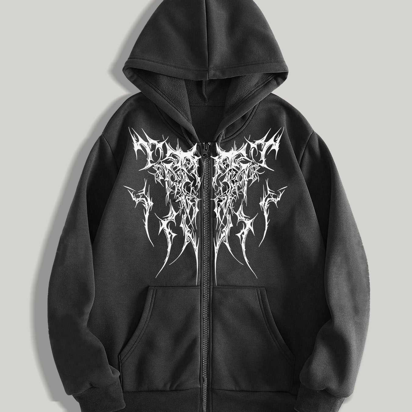 Gothic Dark Print Hoodie for Men - Casual Zip-Up Sweatshirt with Kangaroo Pocket, Polyester Blend, Ideal for Fall/Winter