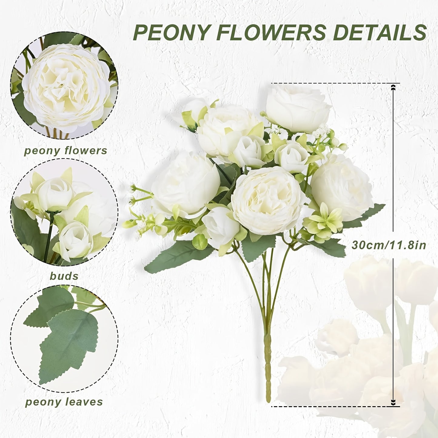 White artificial peonies bouquet for all-season home decoration, perfect for various occasions - no container included.