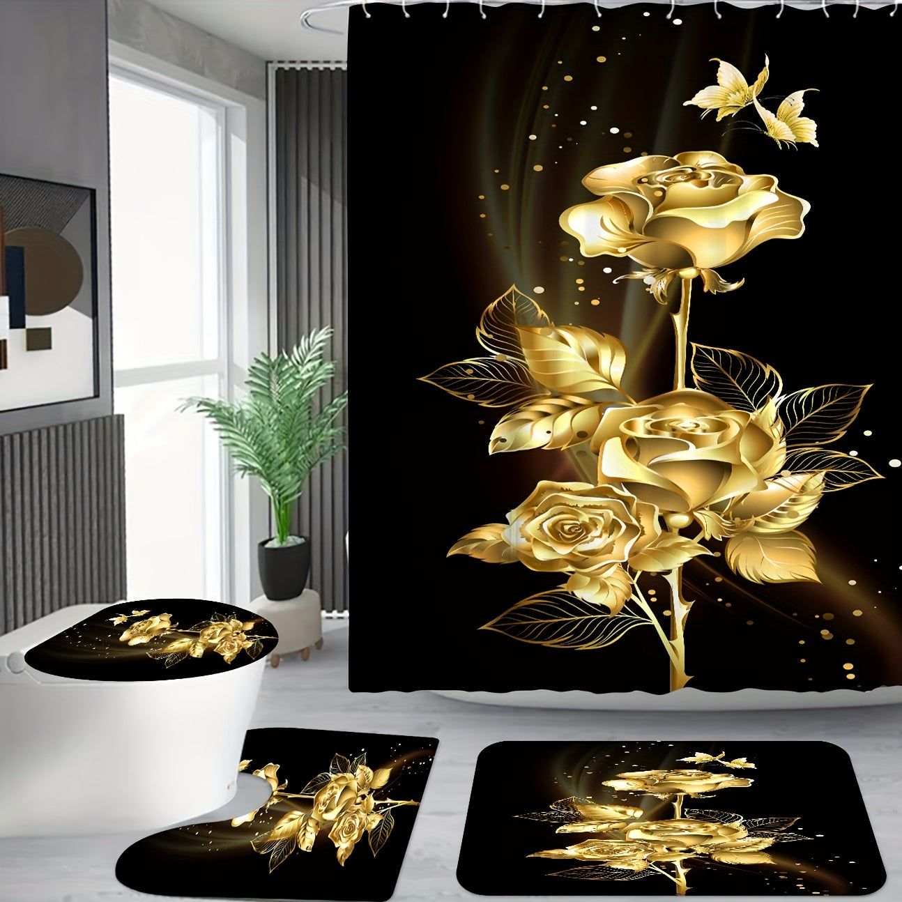 Black background and golden flower bathroom shower curtain set with toilet accessories.