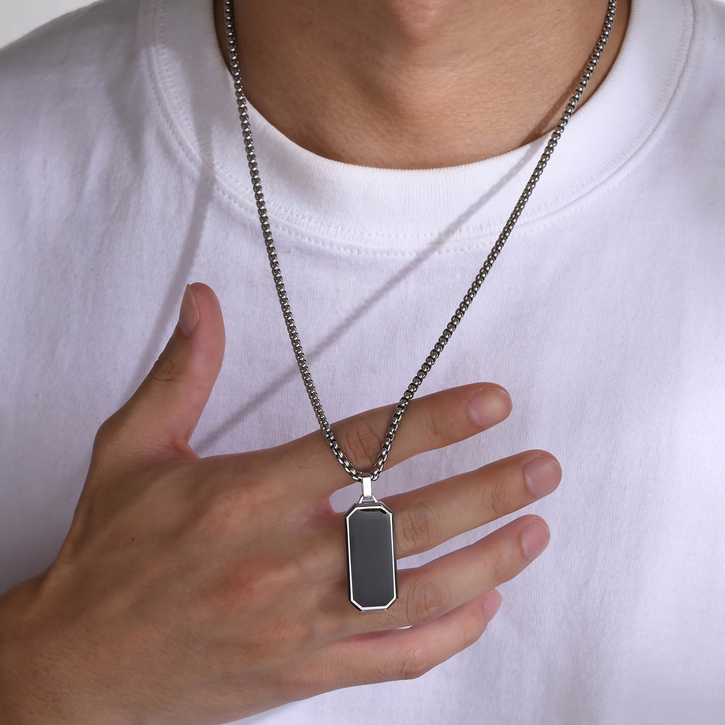 Stylish Men's Stainless Steel Necklace with Black Enamel Pendant - Durable and Ideal Gift for Him